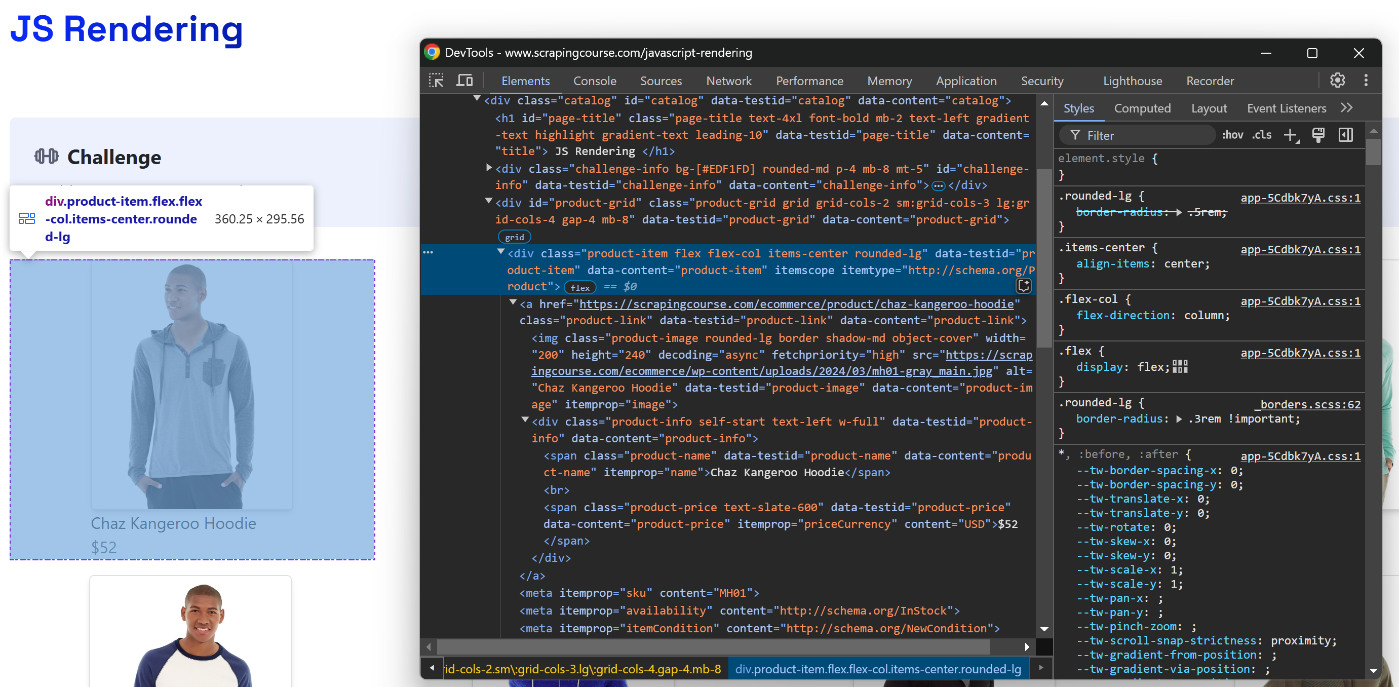 The DevTools section on the product element