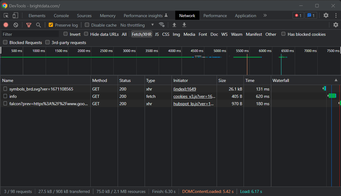 The Fetch XHR section is almost empty