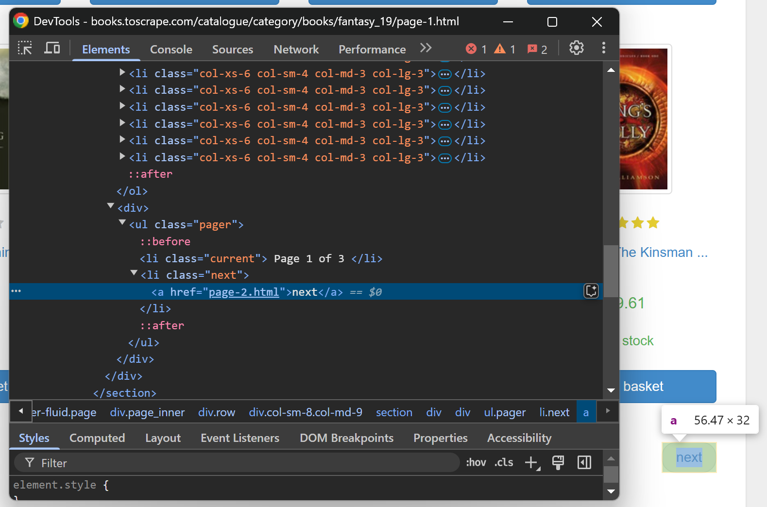 The HTML code of the "next" button