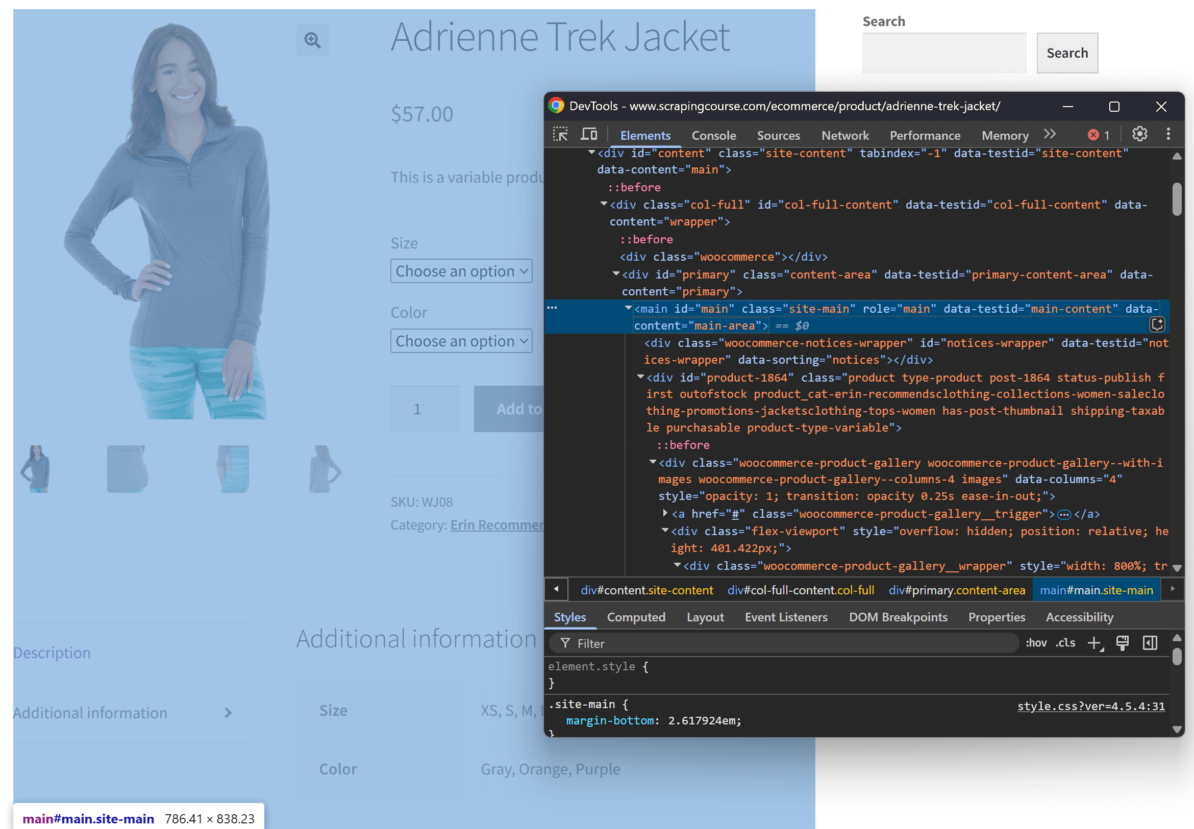 The #main HTML element contains all the data of interest