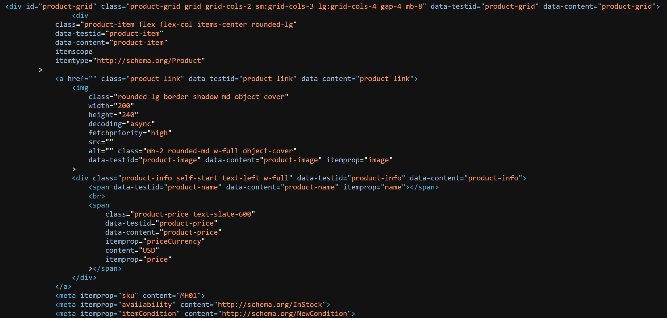 The original HTML code of the product grid