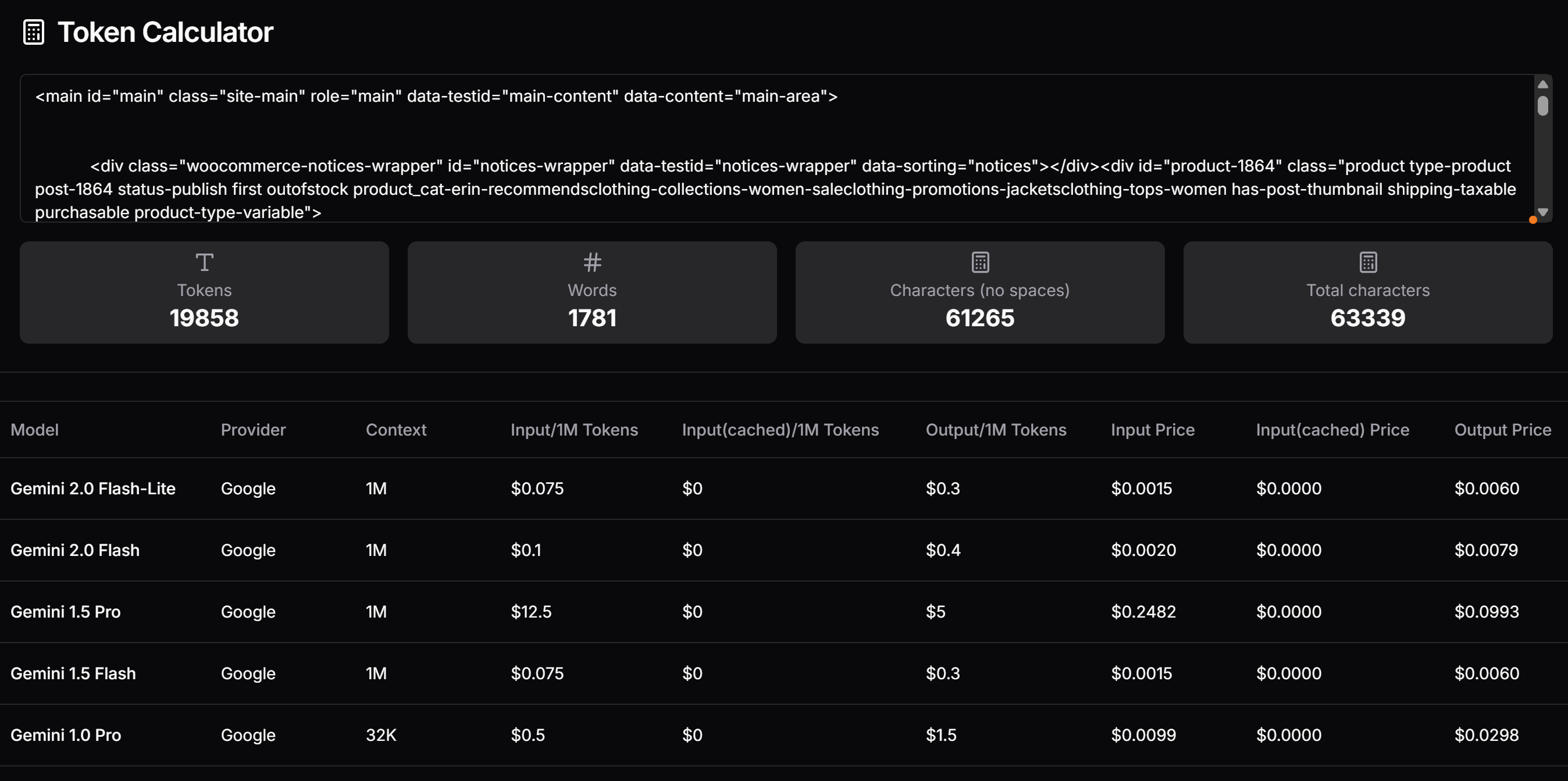 The token usage and price prediction from using the raw #main HTML