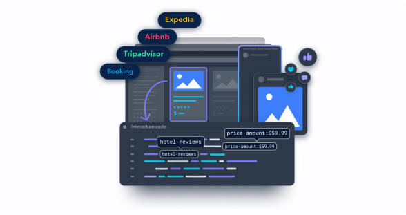 Various travel platforms interconnected, displaying hotel reviews and prices.