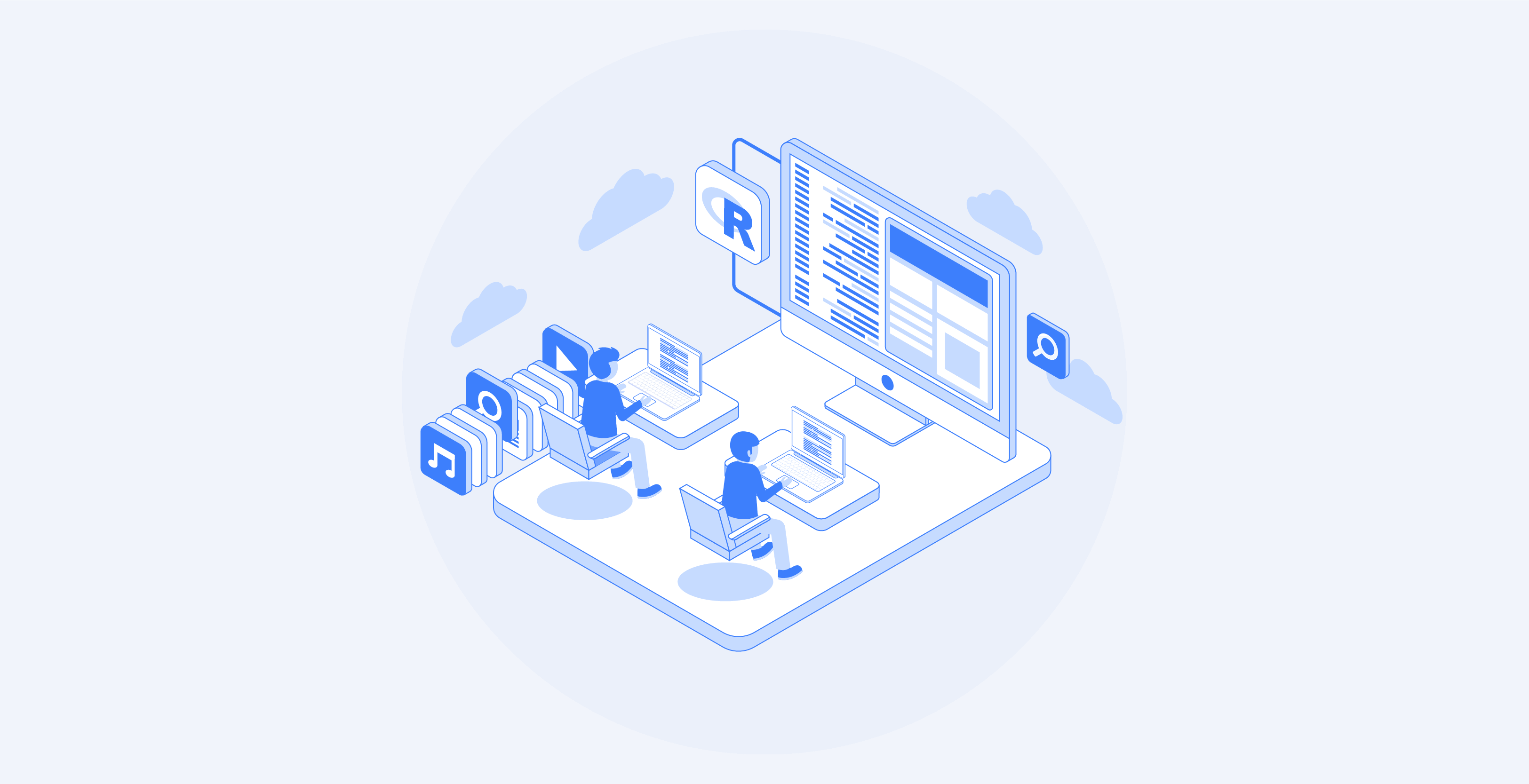 People coding at computers with data and media icons.