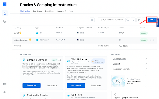 Dashboard showing proxy usage and scraping products options.