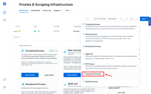 Proxy and scraping infrastructure dashboard with various options.